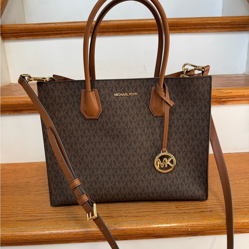 Michael Kors Brown and Tan MK Logo Satchel - Picture 2 of 4